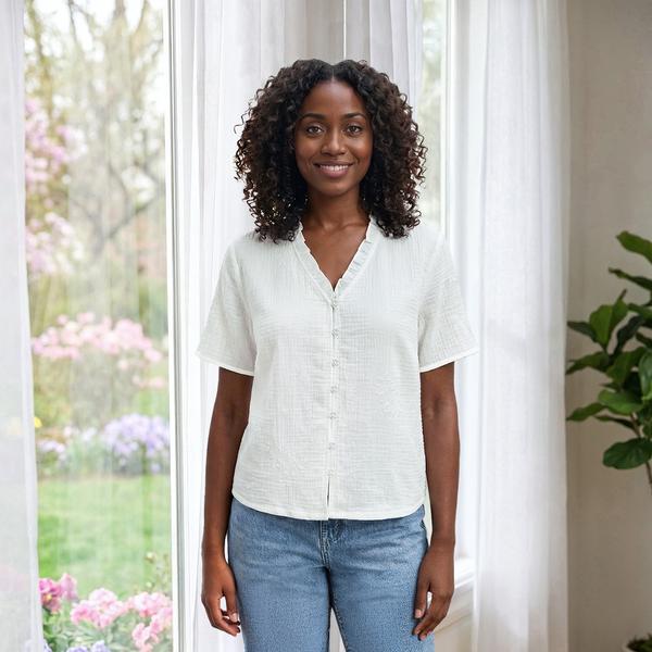 Womens Nicole Miller Ruffle Sleeve V-Neck Embroidered Blouse - image 