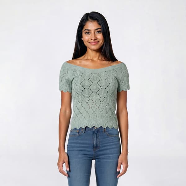 Juniors Pink Rose Short Sleeve Pointelle Knit Top - image 