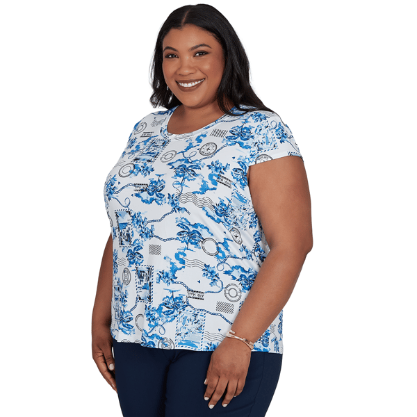 Plus Size Emaline Key Items Cap Sleeve Tropical Postcard Tee