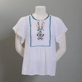 Petite Zac & Rachel Short Sleeve Aztec Embroidered Solid Slub Top