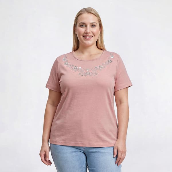 Plus Size Bonnie Evans Short Sleeve Floral Studs Bodice Tee - image 