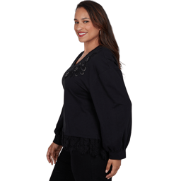 Plus Size Ruby Rd. Mysterious Romance Lace Trim V-Neck Blouse