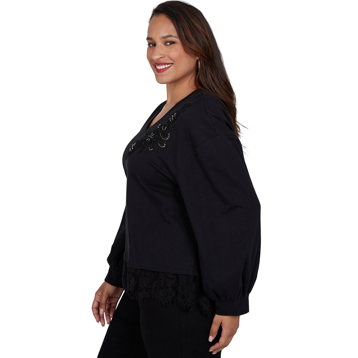 Plus Size Ruby Rd. Mysterious Romance Lace Trim V-Neck Blouse