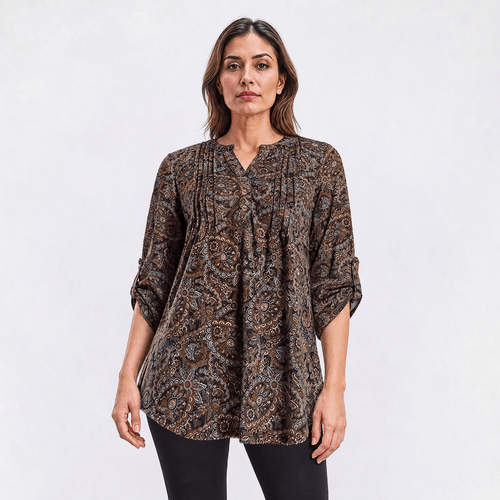 Womens Notations 3/4 Sleeve Split Neck Pleated Paisley Blouse