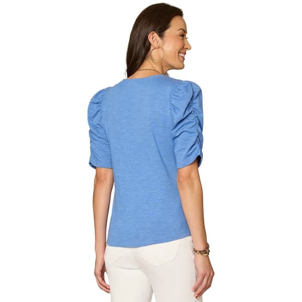 Womens Democracy Short Puff Sleeve V-Neck Ruched Front Blouse