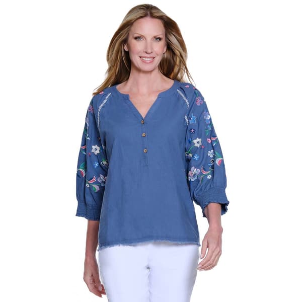 Plus Size Ali Miles 3/4 Floral Sleeve Split Neck Frey Hem Blouse - image 