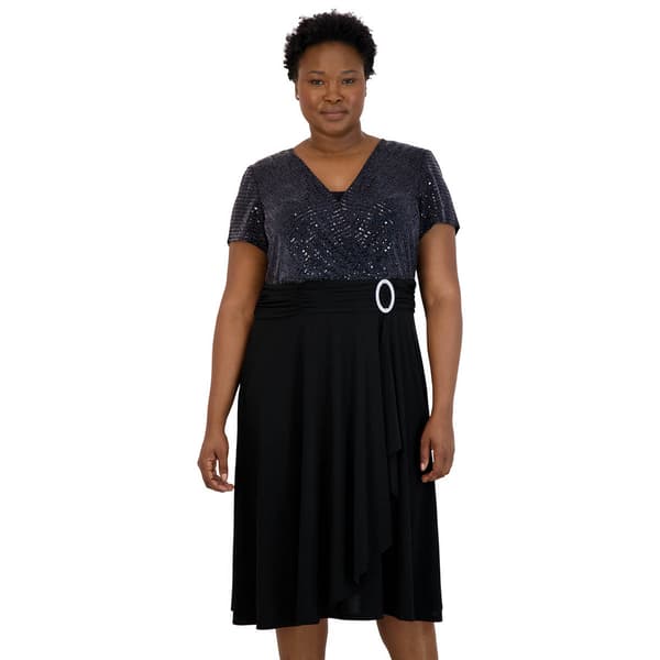 Plus Size R&M Richards Rhinestone Buckle Glitter Wrap Dress