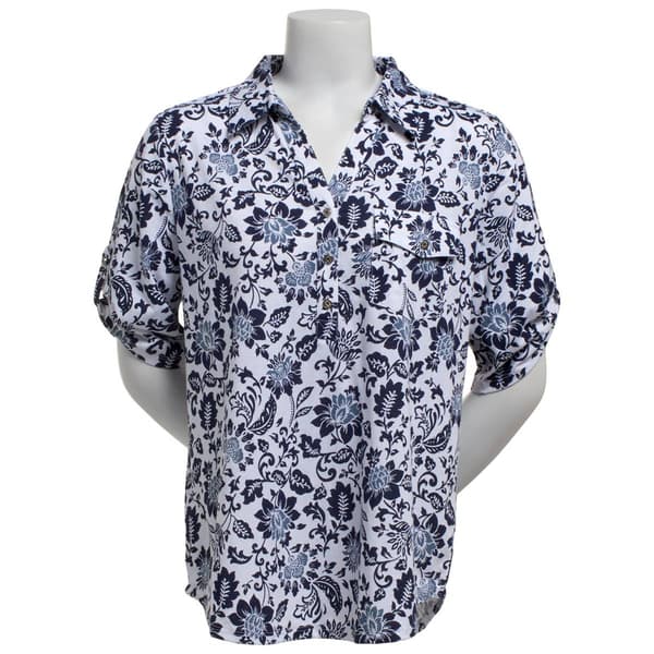 Plus Size Emily Daniels Elbow Sleeve Floral Vine Pocket Blouse - image 