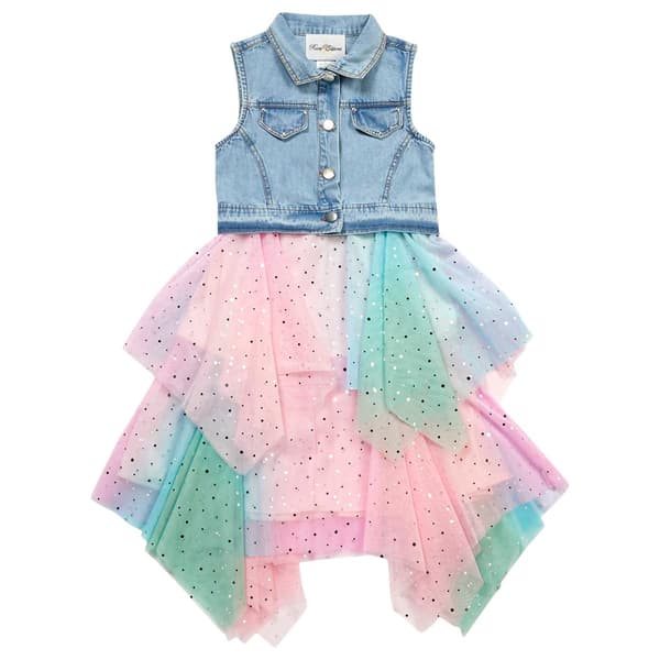 Girls (4-6x) Rare Editions Rainbow Tulle Dres w/Denim Vest Topper - image 