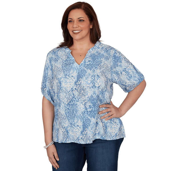Plus Size Skye’s the Limit Sunny Blue Skies Tie Dye Leaf Blouse