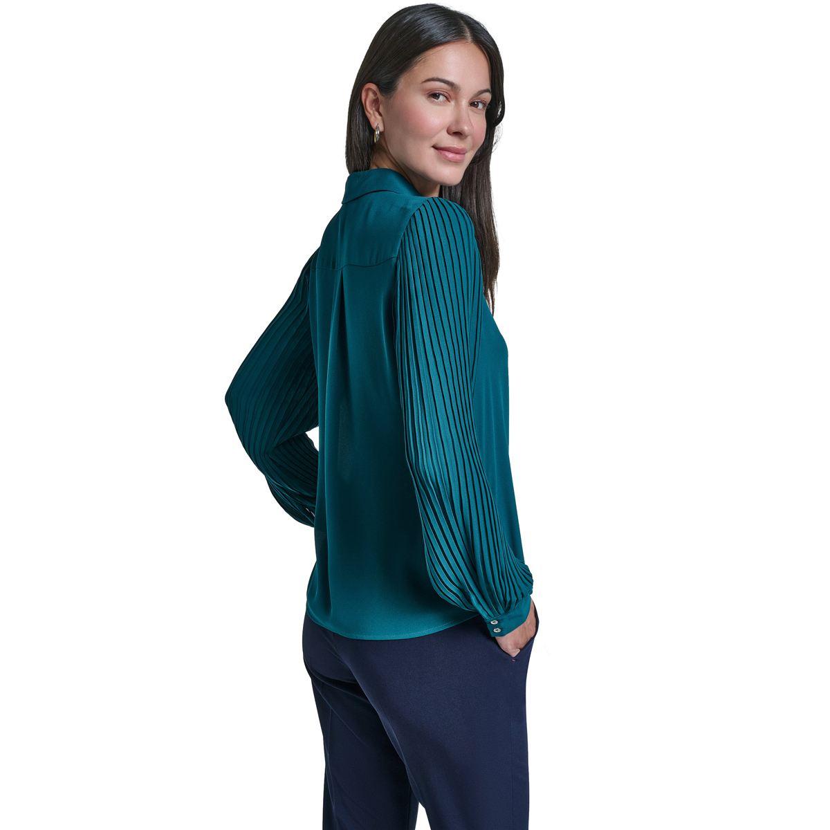 Womens Tommy Hilfiger Long Pleat Sleeve Button Front Solid Blouse
