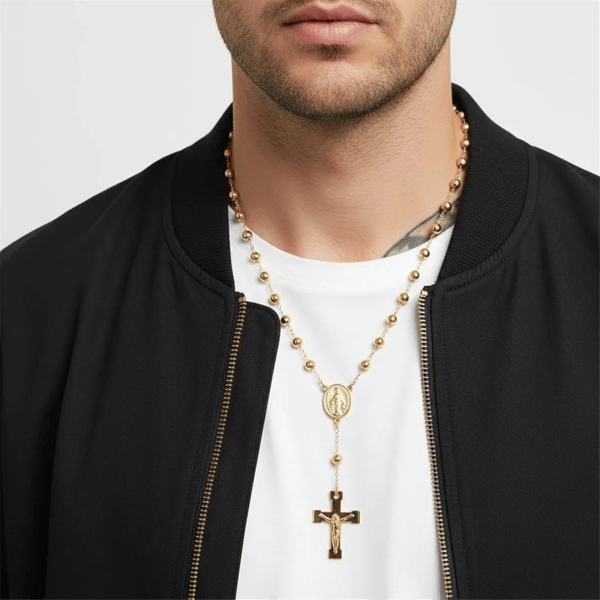 Mens Iron Saints 18kt. Gold Plated Rosary with Cross & Crucifix