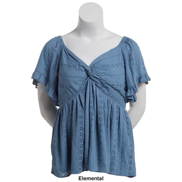 Juniors Plus Angie Solid Twist Front Eyelet Babydoll Blouse
