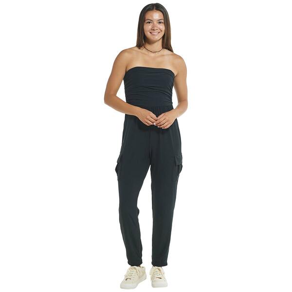 Juniors No Comment Solid Tube Top Ruched Cargo Pocket Jumpsuit - image 