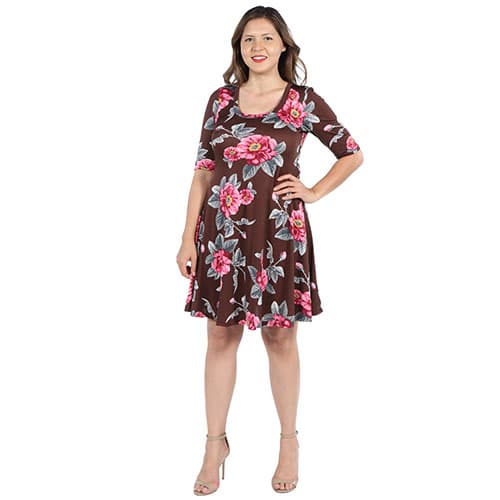Plus Size  24/7 Comfort Apparel Gemma Brown Floral A-Line Dress