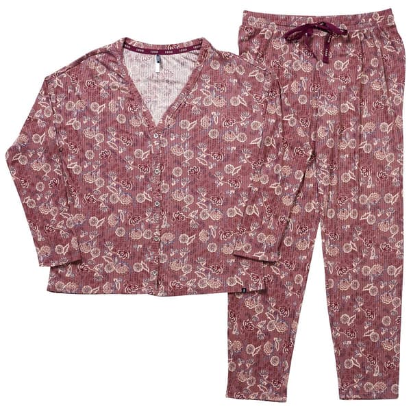 Plus Size IZOD Long Sleeve Rib Boho Folk Button Down Pajama Set - image 