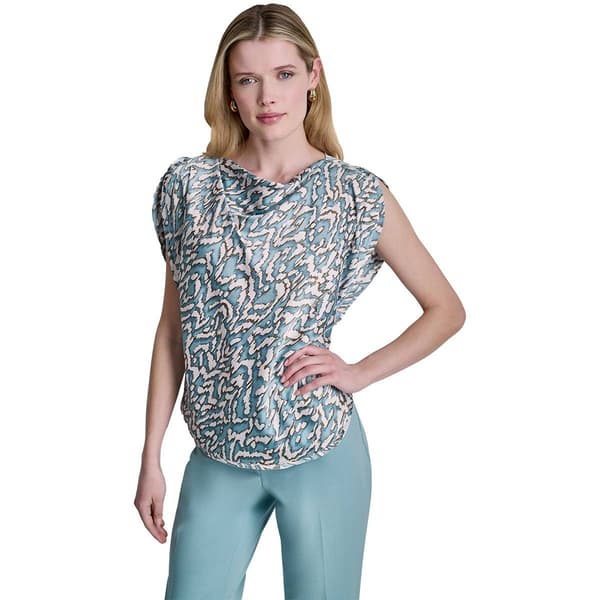 Womens DKNY Short Sleeve Cowl Neck Colorful Geo Blouse