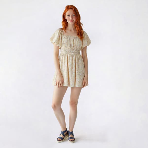 Juniors No Comment Puff Sleeve Skater Dress - Watercolor Rose - image 