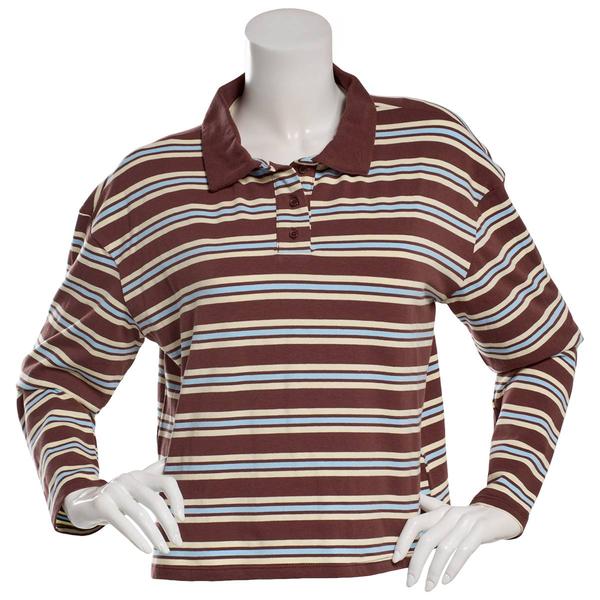 Juniors No Comment Long Sleeve Stripe Boxy Polo Pullover - image 