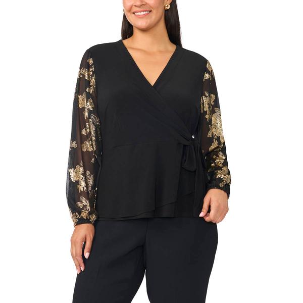 Plus Size MSK Long Sleeve Foil Print Sleeve Side Tie Top - image 
