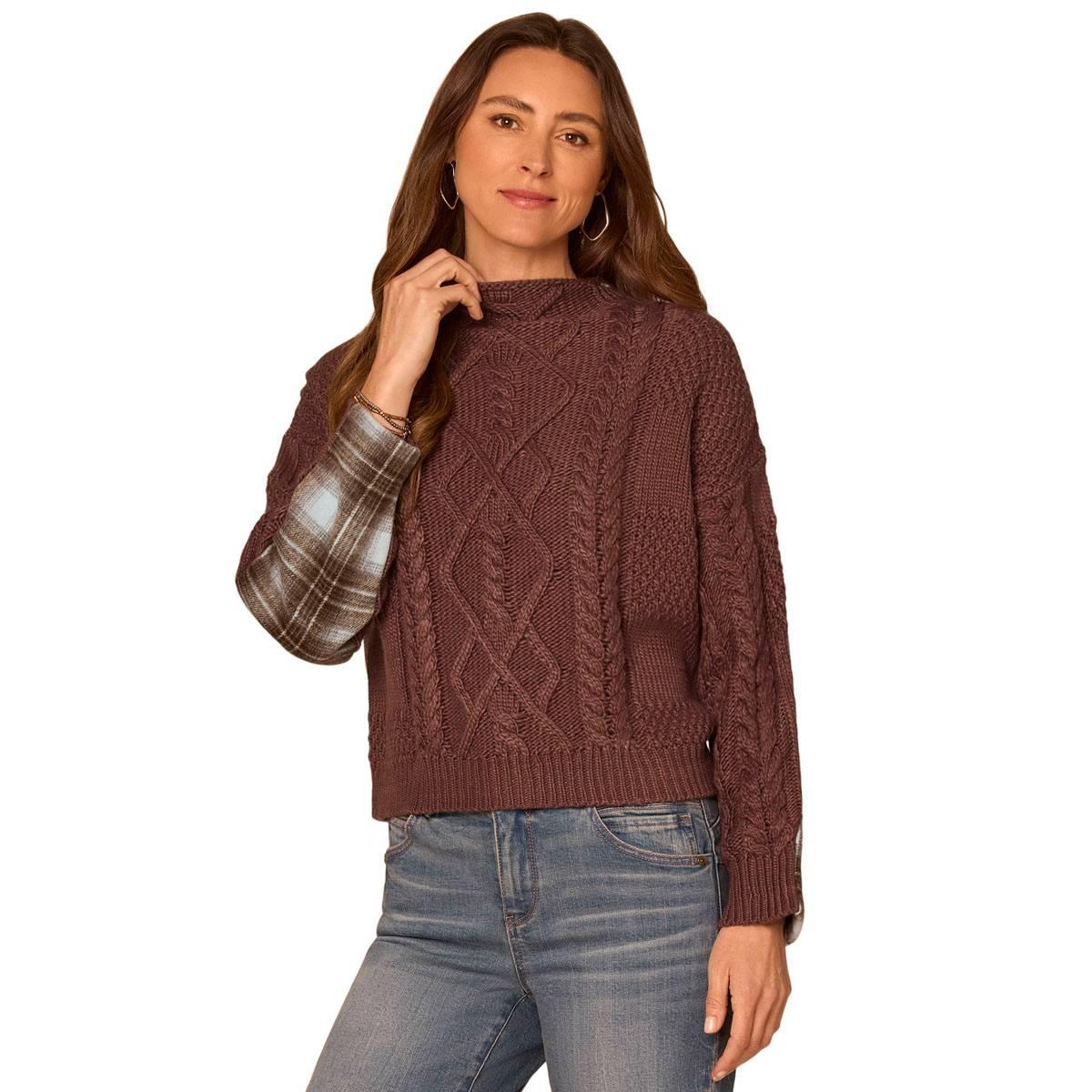 Womens Democracy Long Sleeve Cable Knit Mixed Media Sweater