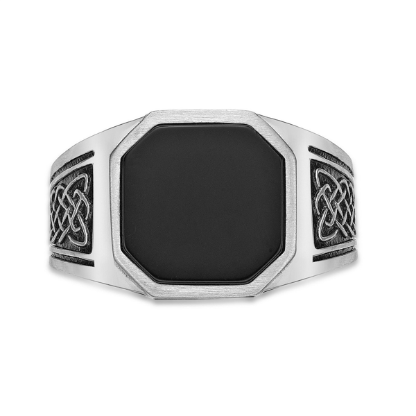 Mens Lynx Stainless Steel Black Agate & Black Resin Ring