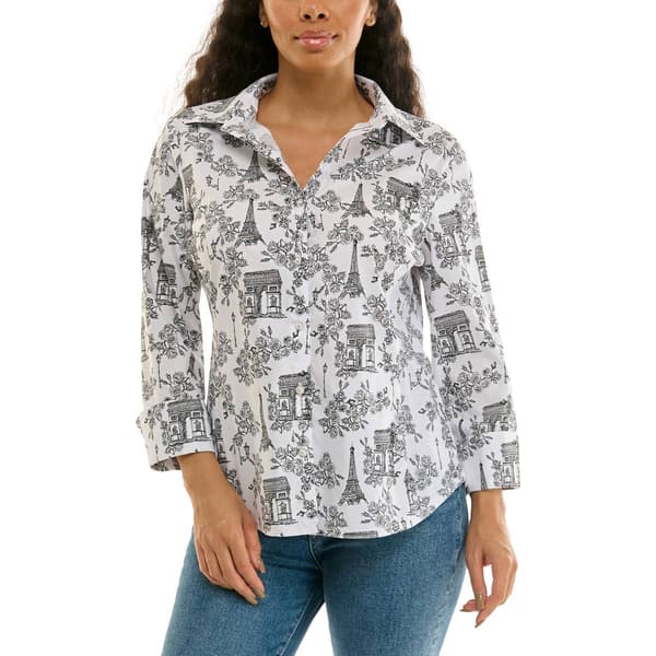 Plus Size Zac & Rachel 3/4 Sleeve Paris Floral Casual Button Down