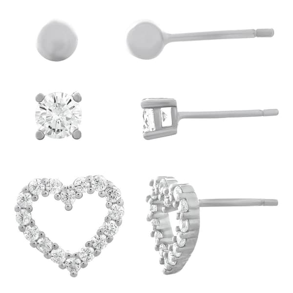 Forever New Sterling Silver Ball, CZ Stud, and Heart Earring Set - image 