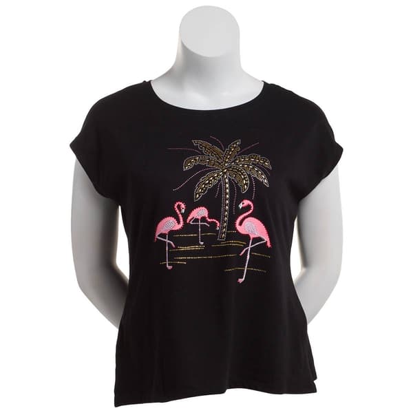 Womens New York Laundry Embellished Palm & Flamingo Tee