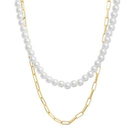 Roman Gold-Tone Pearl Bead & Link Double Layer Necklace