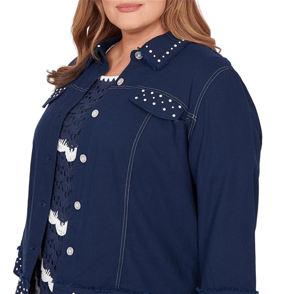 Plus Size Alfred Dunner Port Side Pearl Trim Denim Jacket