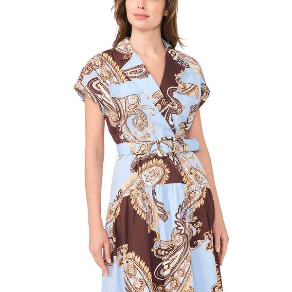 Womens Cece Cap Sleeve Paisley Belted Waist Poplin Midi Dress