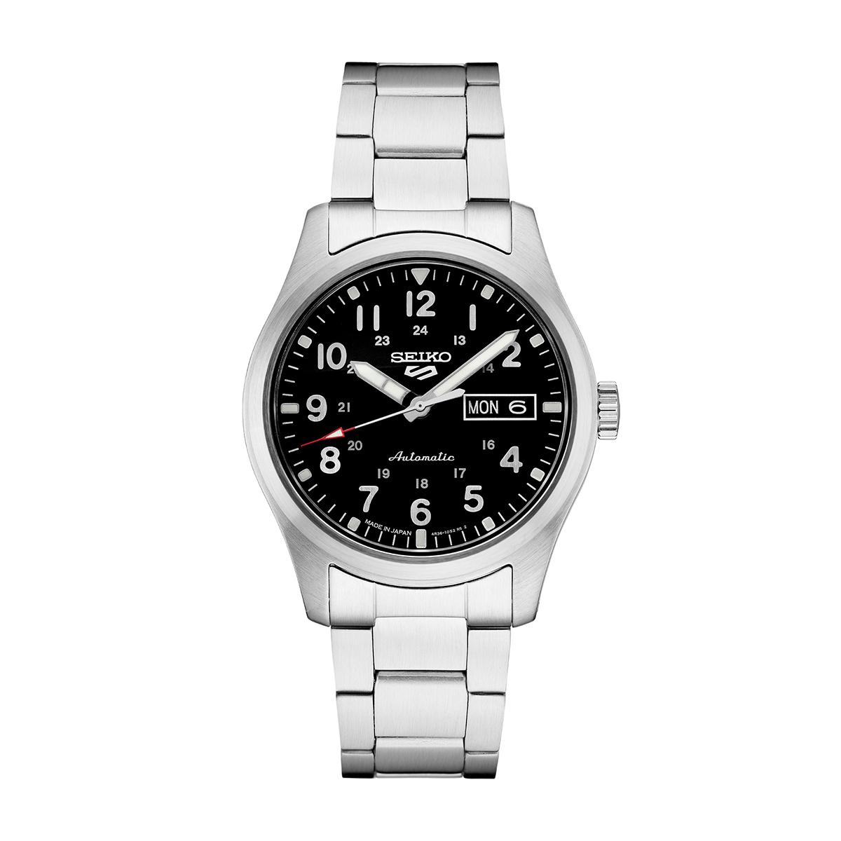 Mens Seiko 5 Sports Stainless Steel Black Dial Watch -...