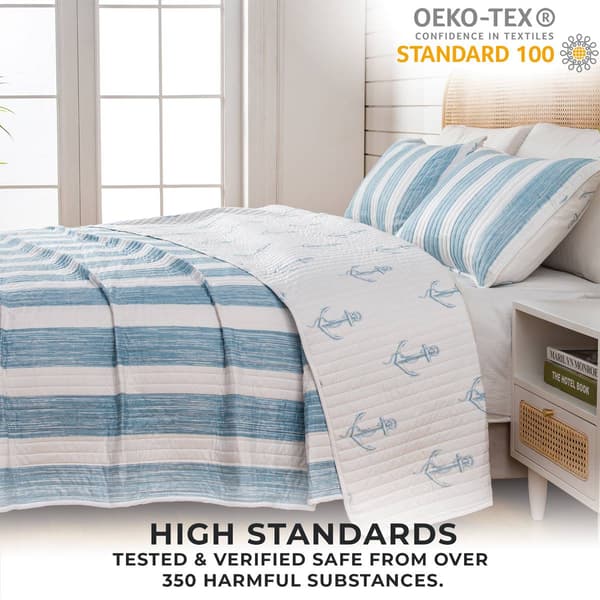 FreshFolds 3pc. Striped Anchor Coastal Bedspread Quilt Set
