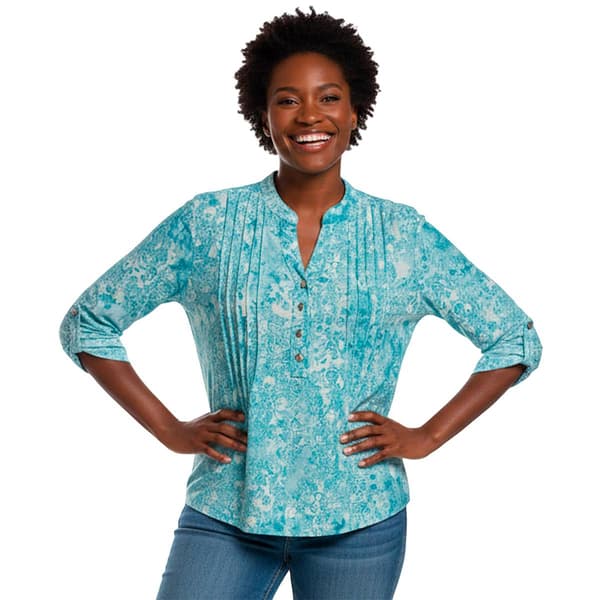 Petite Notations 3/4 Sleeve Floral Pleat Button Front Blouse
