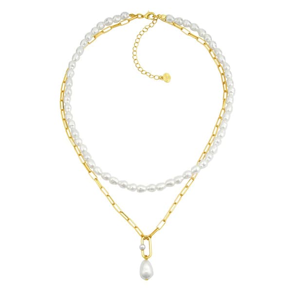 Roman Pearl Square Link Chain with Pearl Pendant & Beads Necklace