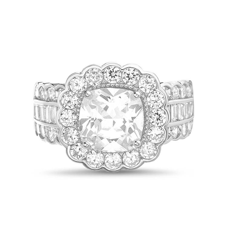 Rhodium Plated Floral Design CZ Statement Ring