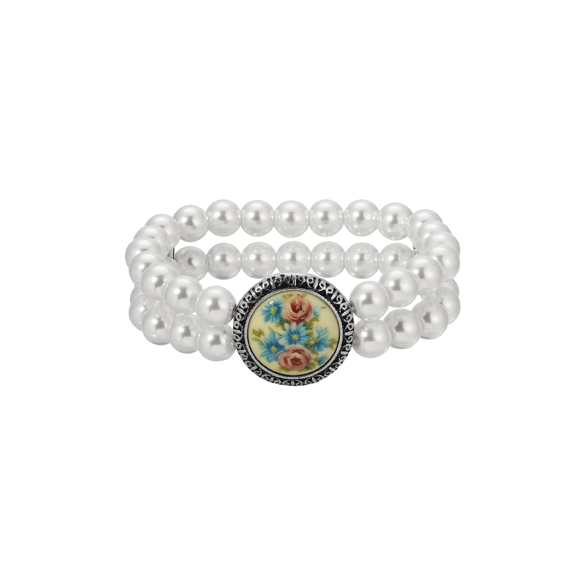 1928 Flower Decal Double Row Stretch Bracelet - White