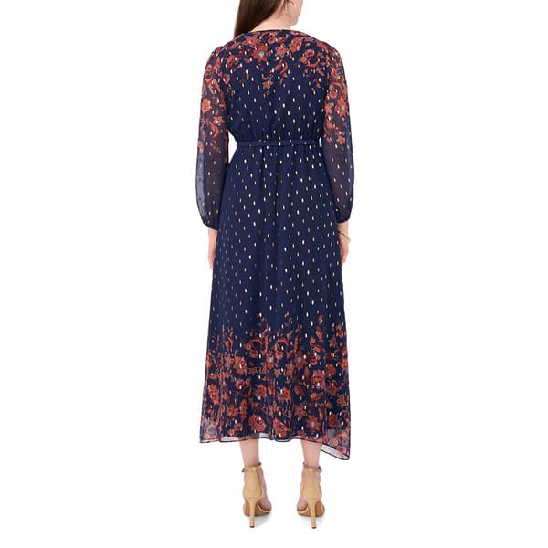 Womens MSK Long Sleeve Foil Chiffon V-Neck Fit & Flare Dress