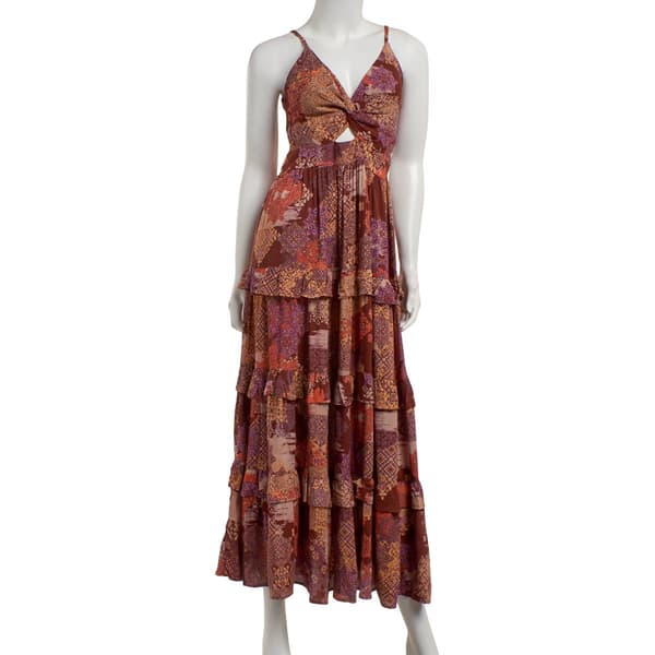 Juniors Angie Floral Gauze Twist Front Tier Maxi Slip Dress - image 