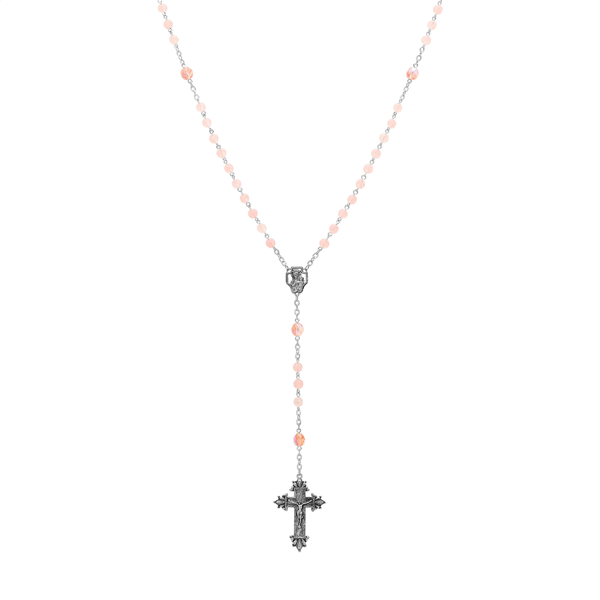Symbols of Faith Silver-tone Beaded Crucifix Rosary - Light Pink - image 