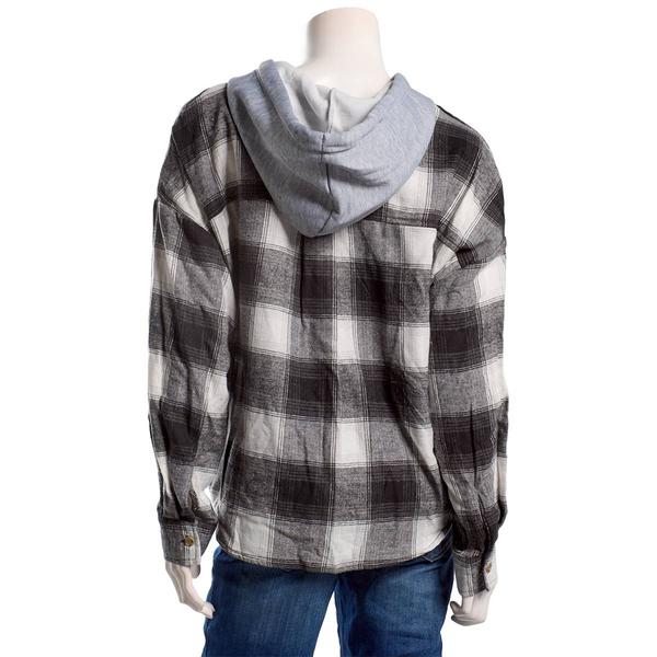 Juniors No Comment Hooded Oversized Plaid Flannel Shirt- Black