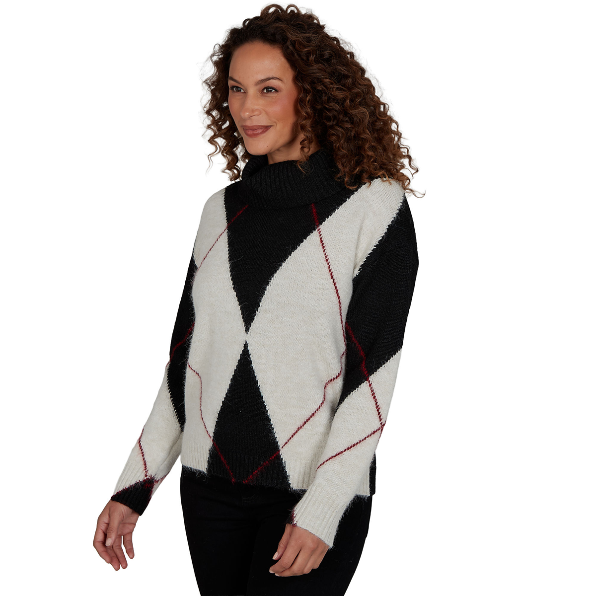 Womens Skye’s the Limit Fashion Essentials Cowl Argyle Sweater