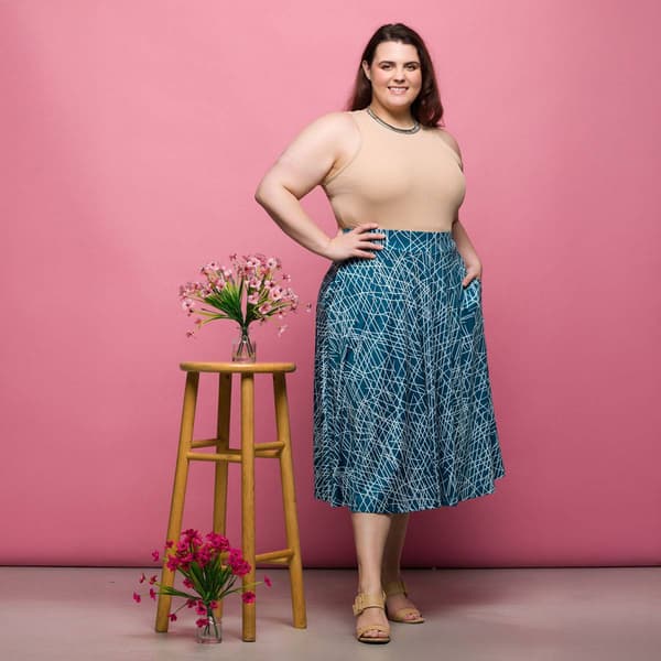 Plus Size 24/7 Comfort Apparel Teal Geometric Pocket Midi Skirt