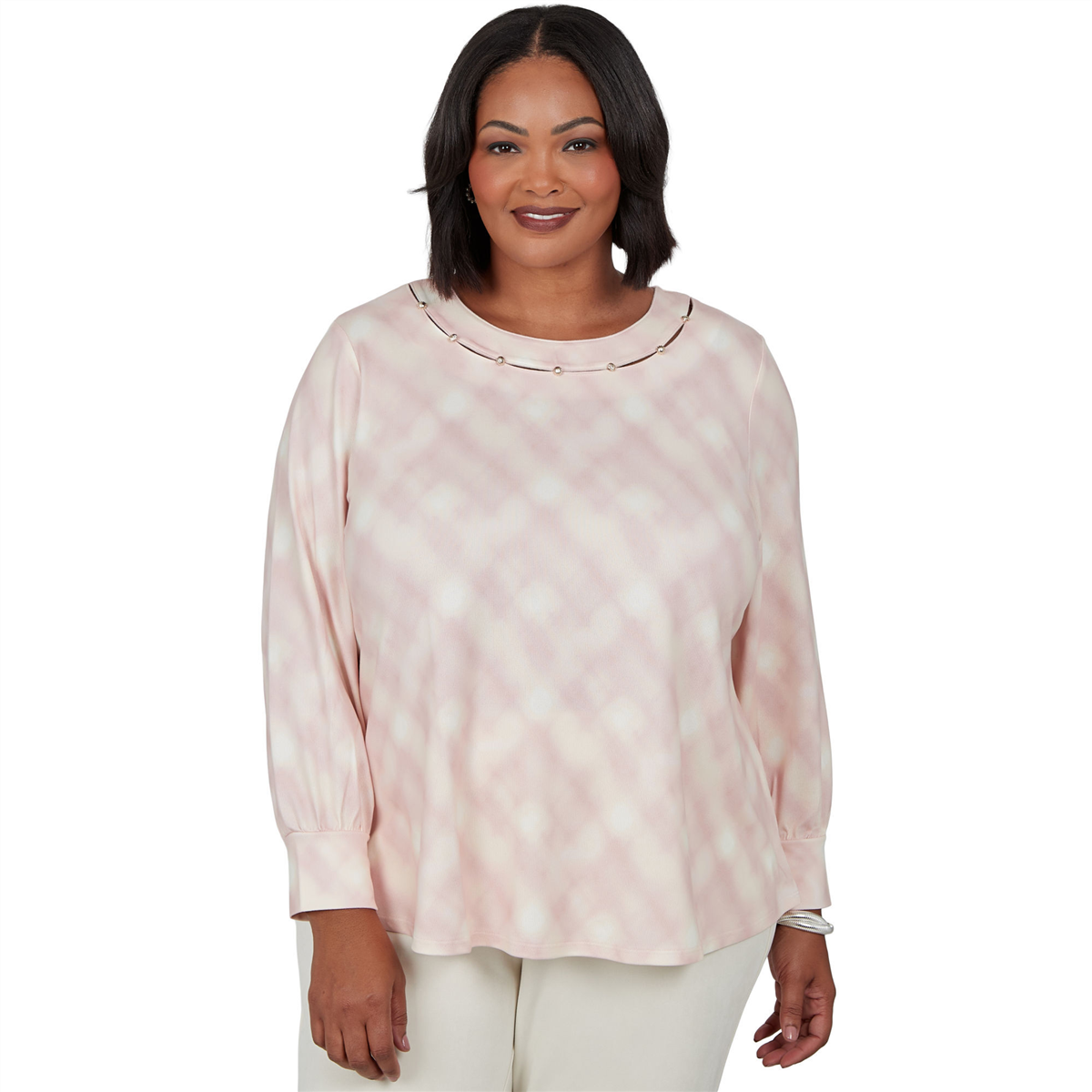 Plus Size Emaline Soiree Embellished Neck Abstract Plaid Sweater