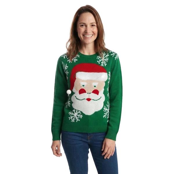 Womens Tint & Shadow Long Sleeve Santa Face Sweater w/ Pom Pom