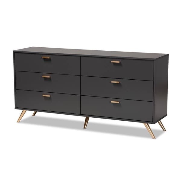 Baxton Studio Kelson Dark Grey & Gold Wood 6-Drawer Dresser - image 