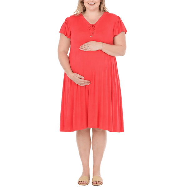 Plus Size White Mark Flutter Sleeve Tie Neck Maternity Dress - image 