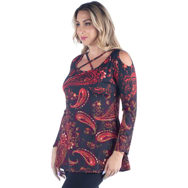 Plus Size 24/7 Comfort Apparel Red Paisley Cold Shoulder Tunic