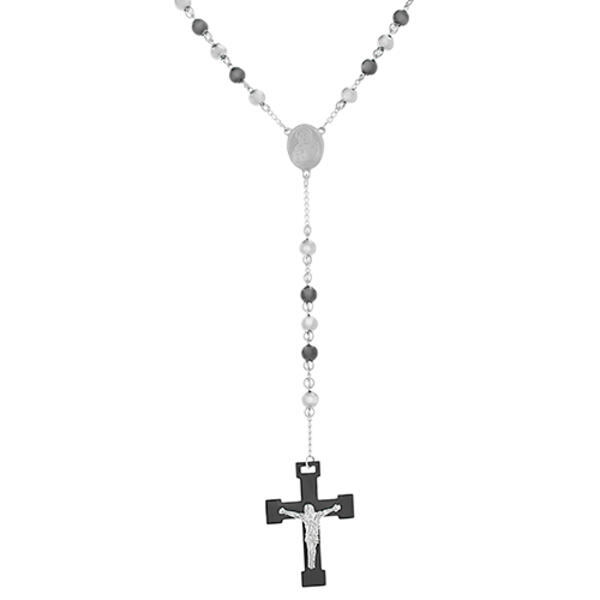 Mens Stainless Steel Rosary & Black Crucifix Cross Y-Necklace - image 